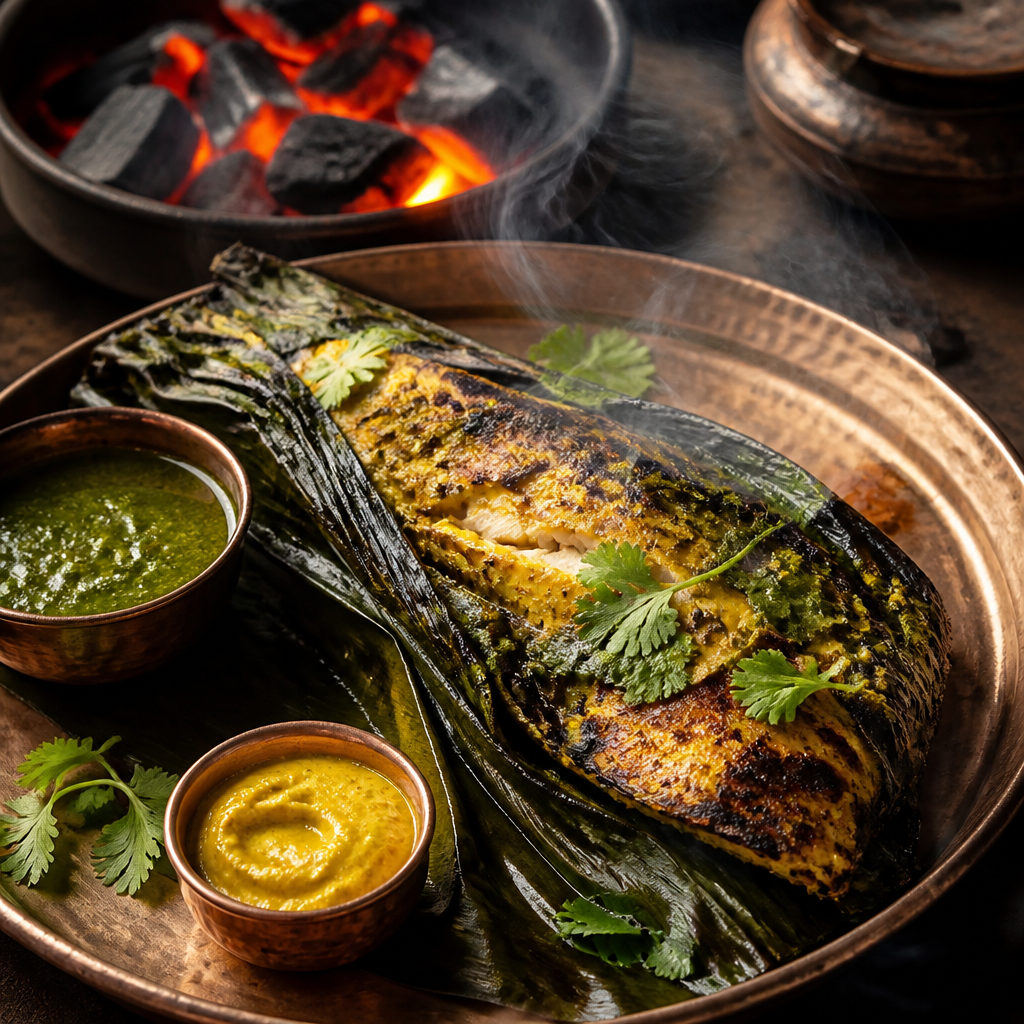 Banana-Leaf Smoked Fish Tikka with Mustard