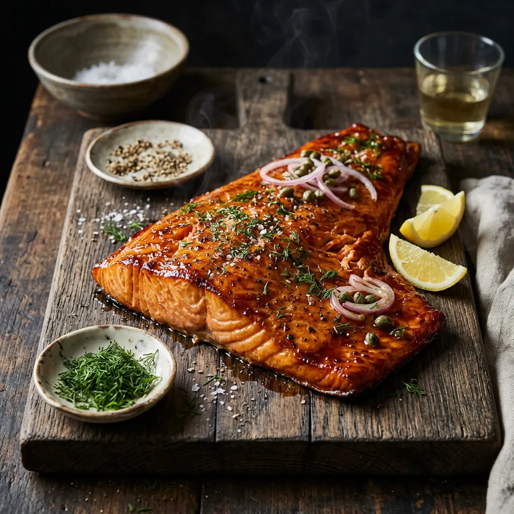 Hickory-Smoked Hot-Smoked King Salmon with Maple Glaze