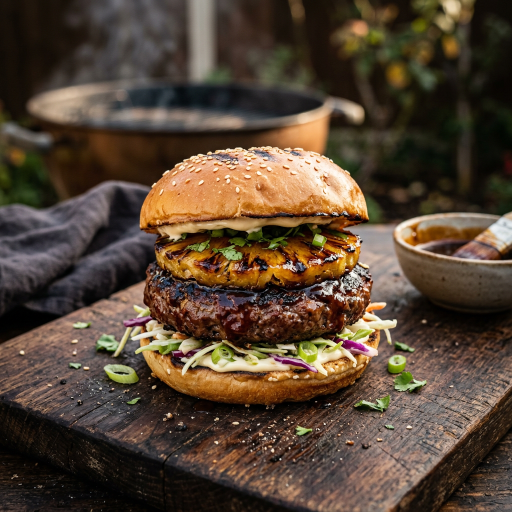 Backyard Version of Weekend Cook — Smoked Pineapple Teriyaki Burgers