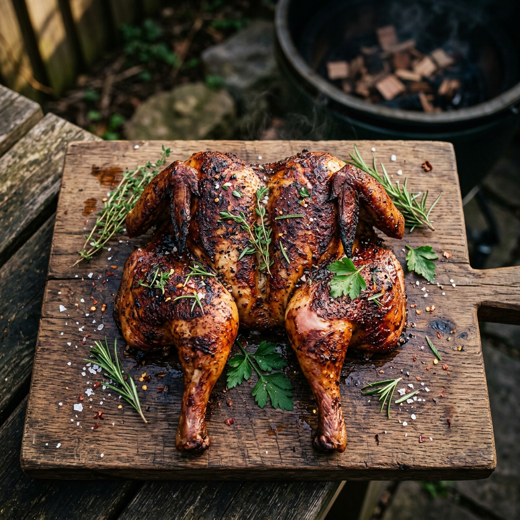 Backyard Version of Smoked Spatchcocked Whole Chicken